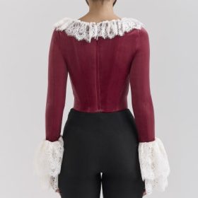 Jacinda Cabernet Velvet Lace Trimmed Corset Top - Image 3