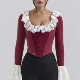 Jacinda Cabernet Velvet Lace Trimmed Corset Top - Image 4