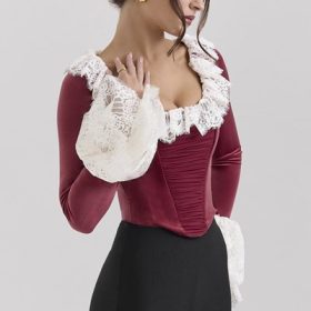 Jacinda Cabernet Velvet Lace Trimmed Corset Top - Image 5