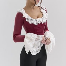 Jacinda Cabernet Velvet Lace Trimmed Corset Top - Image 6