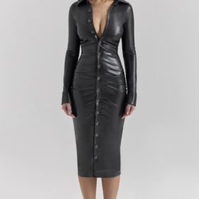 Viola Black Vegan Leather Long Sleeve Midi Dress - Image 7