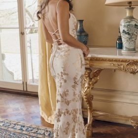 Capriana White & Gold Jacquard Satin Gown