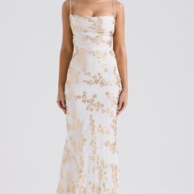 Capriana White & Gold Jacquard Satin Gown - Image 5