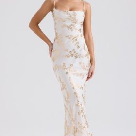 Capriana White & Gold Jacquard Satin Gown - Image 7