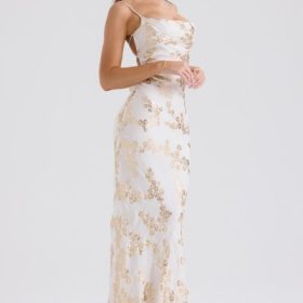 Capriana White & Gold Jacquard Satin Gown - Image 9
