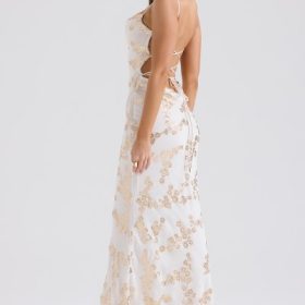 Capriana White & Gold Jacquard Satin Gown - Image 10