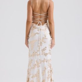 Capriana White & Gold Jacquard Satin Gown - Image 11