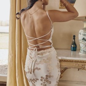 Capriana White & Gold Jacquard Satin Gown - Image 15