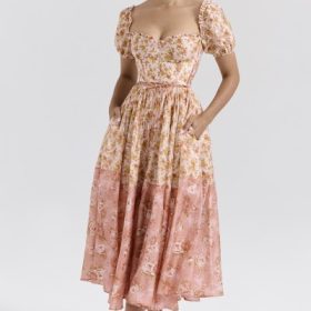 Penelope Peach Poppy Print Puff Sleeve Midi Sundress - Image 5
