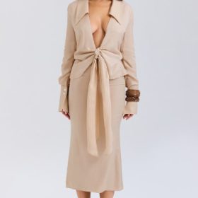 Nevaeh Almond Plunge Shirt Midi Dress - Image 5
