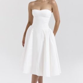 Georgiana White Cotton Strapless Midi Sundress - Image 5