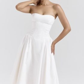 Georgiana White Cotton Strapless Midi Sundress - Image 8